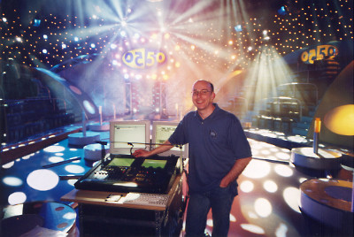 Lighting Designer Adrian Turpin with Hog 2 Lighting Desk on the set of BBC show 50/50 in Studio A Glasgow