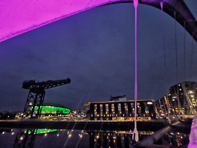 The Finnieston Crane, The Hydro, The Hilton Hotel and the Squinty Bridge Glasgow lit up at night